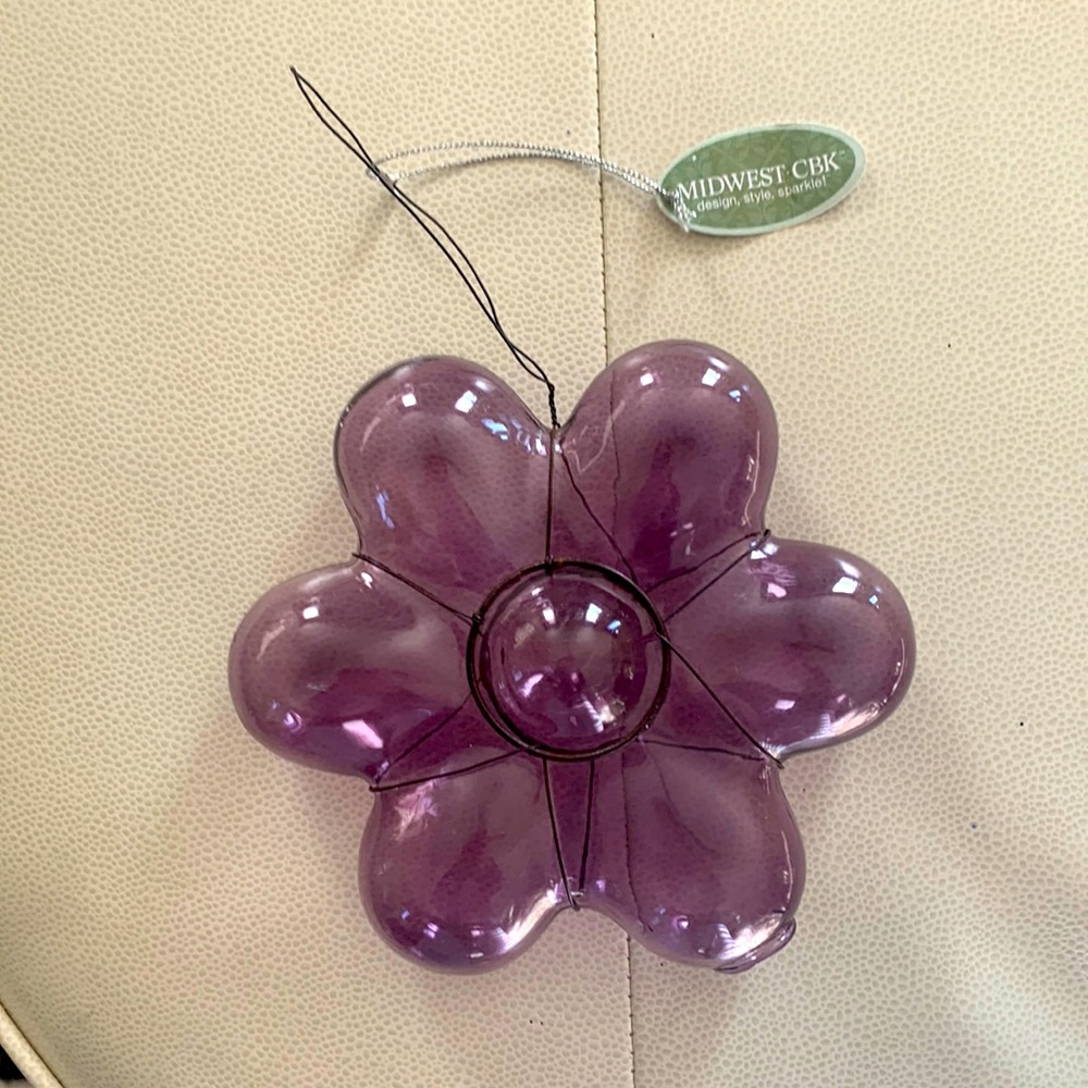 Glass Blown Ornament Purple NWT Vintage Design Style Sparkle Flower Christmas